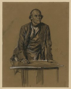 Heinrich porosz hercegről készült modellvázlat, félalakos, elölnézetben, asztal fölé hajolva, „Frigyes király idejéből. Háború és béke hősei”, 1856 (lásd Bock 1071) alkotó: Adolph Menzel