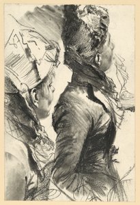 Jobbra felfelé tekintő kalapos nő, félalak profilból, két tanulmány alkotó: Adolph Menzel