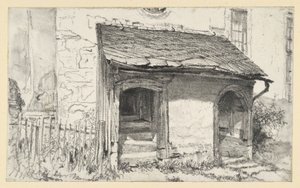 Templom alacsony előcsarnoka két bejárattal és kerítéssel alkotó: Adolph Menzel
