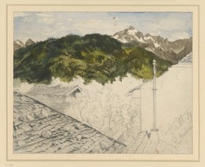 Partenkirchen, kilátás a hegyekre és a parasztházakra alkotó: Adolph Menzel