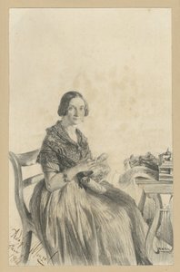 Pauline Martini, születési neve Dambke, az asztalnál ülve, tekintete a néző felé fordul alkotó: Adolph Menzel