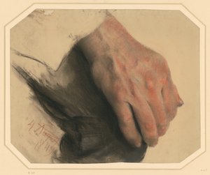 Egy férfi térdén nyugvó jobb keze alkotó: Adolph Menzel