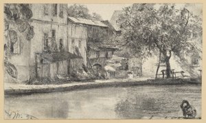 Házsor hátoldala és fa a víz mellett alkotó: Adolph Menzel