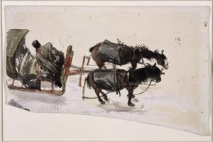Kétlovas szánfogat kocsissal, felülnézetből alkotó: Adolph Menzel