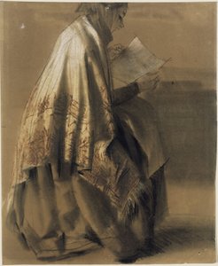 Ülő, olvasó nő, széles kendőben alkotó: Adolph Menzel