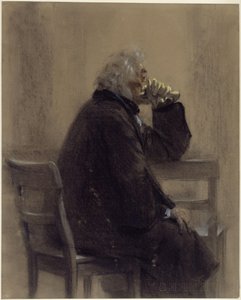 Ülő idős úr felöltőben és kesztyűben, térdkép, jobbra néző profil alkotó: Adolph Menzel