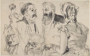 Vázlatlap három férfifejjel és egy előkelő társaság két női hátulnézeti alakjával alkotó: Adolph Menzel
