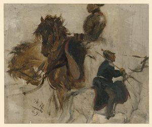 Tanulmány lovagló katonával és lófejekkel alkotó: Adolph Menzel