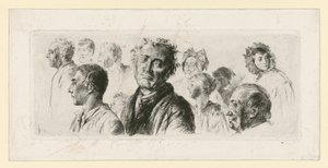 Egy elmegyógyintézetből származó vázlatlap. Tíz fej, többségük balra néz alkotó: Adolph Menzel