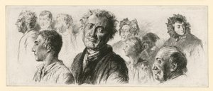Egy elmegyógyintézetből származó vázlatlap. Tíz fej, többségük balra néz alkotó: Adolph Menzel