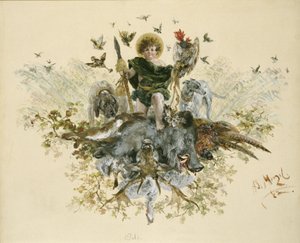 Asztali edény: vadhúshoz való sütőtál Szent Hubertus-ábrázolással alkotó: Adolph Menzel
