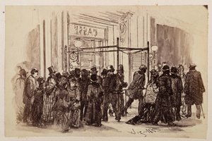 Színházi pénztár: a jegyvásárlók jobbról sorakoznak fel a kivilágított pénztár előtt, majd balra távoznak, Heinrich von Kleist „A törött kancsó” című darabjára alkotó: Adolph Menzel