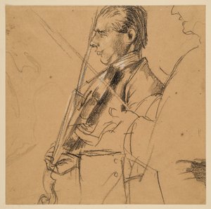 Hegedűs. Félalak. Balra néző profil. Jobbra profilvázlat. Tanulmány II. Frigyes sanssouci fuvolakoncertjét ábrázoló festményhez alkotó: Adolph Menzel