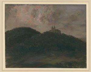 Erdős hegyvidéki táj a bajorországi Lichtenfels közelében fekvő Banz kolostorral a dombon alkotó: Adolph Menzel