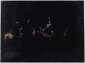 Buli egy nagy asztal körül és egy énekes alkotó: Adolph Menzel