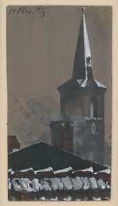 Hóborította cseréptető és templomtorony alkotó: Adolph Menzel
