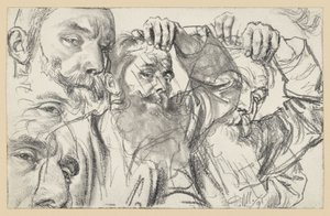 Két vázlat egy szakállas férfiról, aki bal kezével a homlokát simogatja; az arc kétszer ismétlődik alkotó: Adolph Menzel