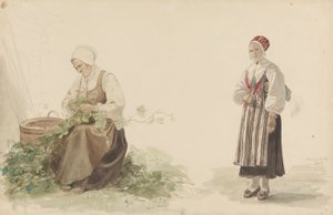 Tölgyfaleveleket szedő nő és Kari Andersdatter alkotó: Adolph Tidemand