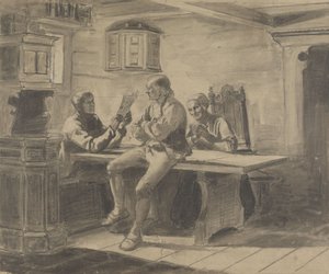 Férfi felolvas egy nőnek és egy férfinak alkotó: Adolph Tidemand