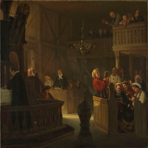 Istentisztelet egy norvég vidéki templomban alkotó: Adolph Tidemand