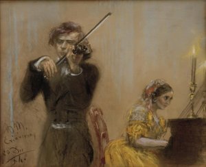 Clara Schumann és Joseph Joachim zenélnek alkotó: Adolph Menzel