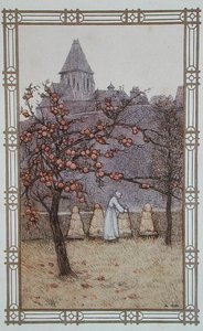 Méhész ellenőrzi méhcsaládjait, illusztráció a "La Vie des Abeilles" című, Párizsban kiadott könyvből. alkotó: Adolphe (after) Giraldon