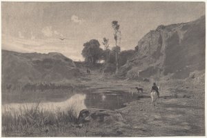 Egy lovas egy hegyi tó mellett naplementekor alkotó: Adolphe Appian