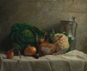 Csendélet zöldségekkel, fogoly és kancsó, 1858.