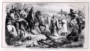 Szent Loup lóháton védi Troyes városát Attila hun (406-453 körül) ellen, illusztráció Franciaország történetéből, 19. század 2. fele (fekete-fehér fotó). alkotó: Adolphe Francois Pannemaker