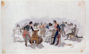 Bálban (At A Ball). A háttérben a táncparkett körül díszes ruhába öltözött nők ülnek a székeken, és tisztekkel beszélgetnek. Adolphe Ladurner (1798-1856) festménye, akvarell, papír, 1830 körül. Francia művészet