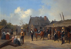 Adolphe Ladurner (1798-1856) festménye ""Katonák bivakja egy faluban""