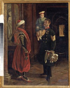 Jelenet az udvarban. Adolphe Ladurner (1798-1856) festménye, olaj, vászon, 1840 körül. 19. századi francia művészet. Állami Borodino Háborús és Történeti Múzeum, Moszkva.