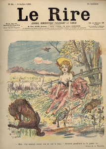 Piroska – félmeztelen pásztorlány, piros lovaglás – de jó móka, mint mindenki, hogy a farkast látja...! Valószínűleg a nagymama soha nem látta. A. Willette rajza a Nevetéshez 35. szám, július 6