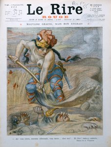Marianne német katonákat temet a Marne-árokban, karikatúra a „Le Rire Rouge” magazinból, 1915. szeptember 11. alkotó: Adolphe Leon Willette