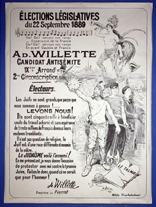 Plakát, amely az 1889. szeptemberi törvényhozási választáson a művész megválasztását népszerűsíti alkotó: Adolphe Leon Willette