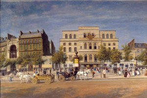 A Boulevard du temple színházainak általános képe a Boulevard Prince Eugene piercingje előtt, a párizsi Caleches részlete a császári színház előtt. Adolphe Potemont (1828-1883) festménye
