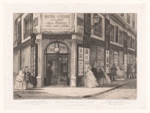 Kilátás a Cadart és Luquet üzletre hölgyekkel és urakkal a kirakatoknál Siège de la société des Aquafortistes (cím a tárgyon) Eaux-Fortes Modernes: Originales et Inédites (sorozat címe)
