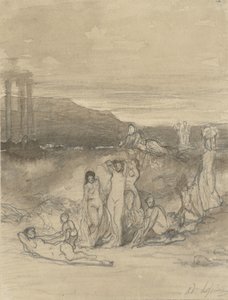 Klasszikus táj fekvő, álló és ülő aktfigurákkal és egy templomrommal alkotó: Adolphe René Lefèvre