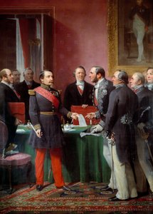 III. Napóleon császár (1808-1873) átadta Georges Haussmann (1809-1891) bárónak a szomszédos községek annexiós rendeletét 1859 júniusában. alkotó: Adolphe Yvon