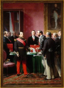 III. Napóleon átadja Haussmann bárónak a szomszédos településeket elcsatoló rendeletet (február 16.) alkotó: Adolphe Yvon