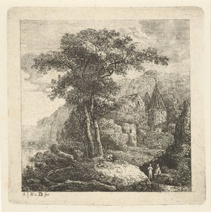 Hegyvidéki táj fákkal, várral és két figurával alkotó: Adriaan Jacob Willem van Dielen