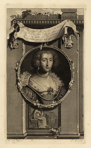 Erzsébet Stuart, Cseh királynője, Pfalz választónője, V. Frigyes, a téli király felesége. Elisabeth, Reine de Boheme. Ruhában szabdalt ujjú, gyöngyös csipkegallérral. Egy lehullott koronán tűnődő nő matricája. Rézmetszet
