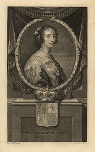 Henrietta Maria francia, I. Károly angol király felesége. Henriette Marie de France. Ruhában csipkegallérral, gyöngy nyaklánccal. Koronával és címerrel. Charles Simonneau rézmetszete Adriaen van der Werff nyomán Isaac de Larrey H című művéből