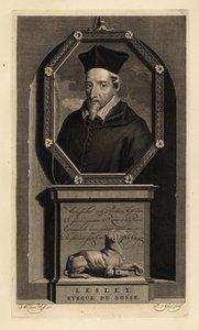 John Lesley skót történész és Ross püspöke. Rosse püspöke. Kutya kulccsal. Pieter Stevens van Gunst rézmetszete Adriaen van der Werff nyomán Isaac de Larrey Histoire d