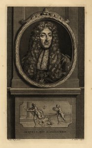 Jakab angol király, VII. Jakab skót, Jacques II Roy d’Angleterre. Parókában, csipkekendőben, láncban Szent György és a sárkány alakjával. Vignette egy római császárt ábrázol, amint elveszíti a koronáját egy katonának. Jean Audran rézmetszete hirdetés után