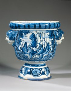 Delfti kék-fehér kétfogantyús mitológiai talapzatú kerti urna alkotó: Adriaen (fl.1868 d.1701) (attr.to) Kocks