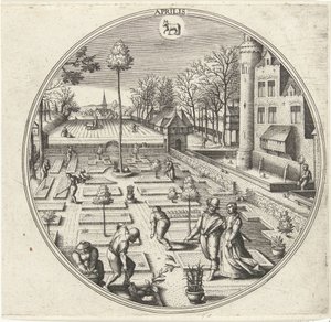 április Aprilis (cím a tárgyon) A tizenkét hónap (sorozat címe) alkotó: Adriaen Collaert