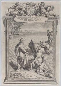 Krisztus hívja Szent Andrást, aki letérdel előtte a tengerparton, és Szent Pétert, aki mászik..., 1590. alkotó: Adriaen Collaert
