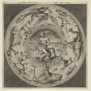 Tervezés egy tányérhoz Arion delfinnel lovagolva egy medálban, amelyet tengeri szörnyek határolnak..., c1600. alkotó: Adriaen Collaert