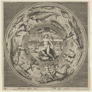Tervezés egy tányérhoz Galateával egy kagylón, amelyet trombitások szegélyeznek egy éremszegélyben..., c1600. alkotó: Adriaen Collaert